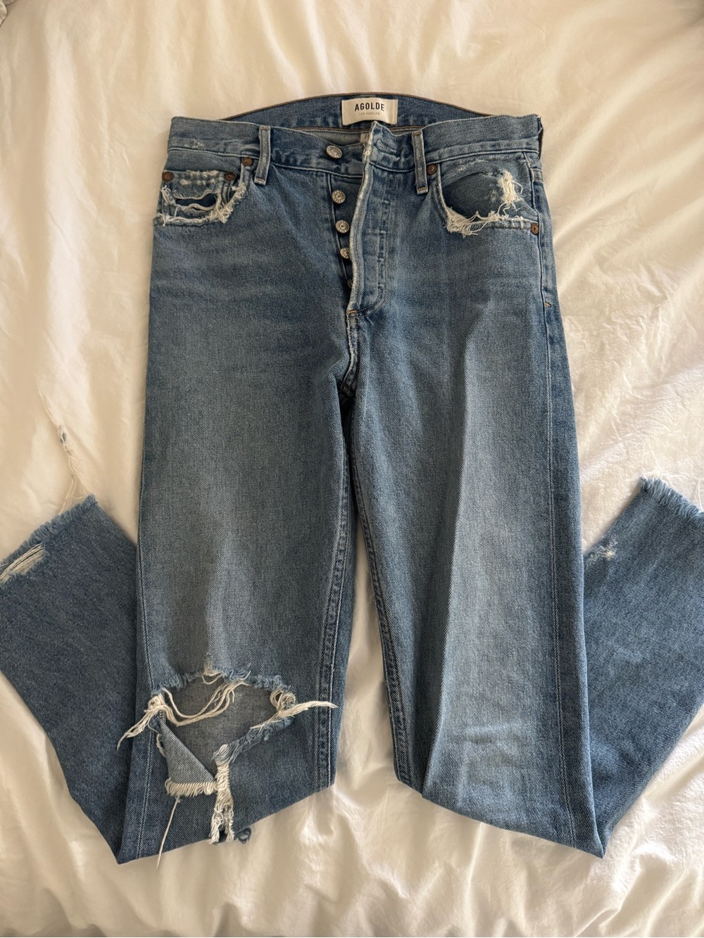 Agolde Light Blue Button-Fly Distressed Jeans